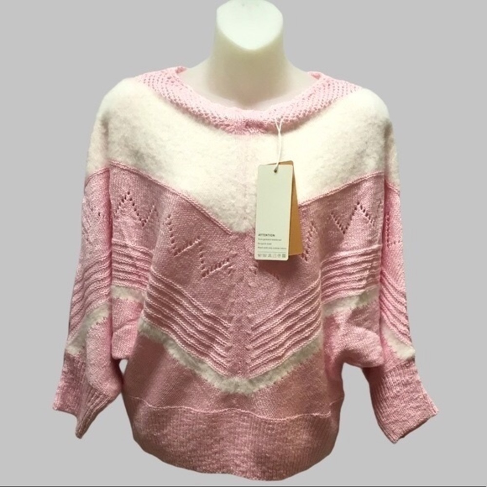 Pink and white colorblocked dolman sleeve sweater